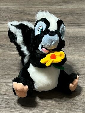 Vintage Disney Bambi Flower Skunk Plush Stuffed Animal Yellow Black White 9"
